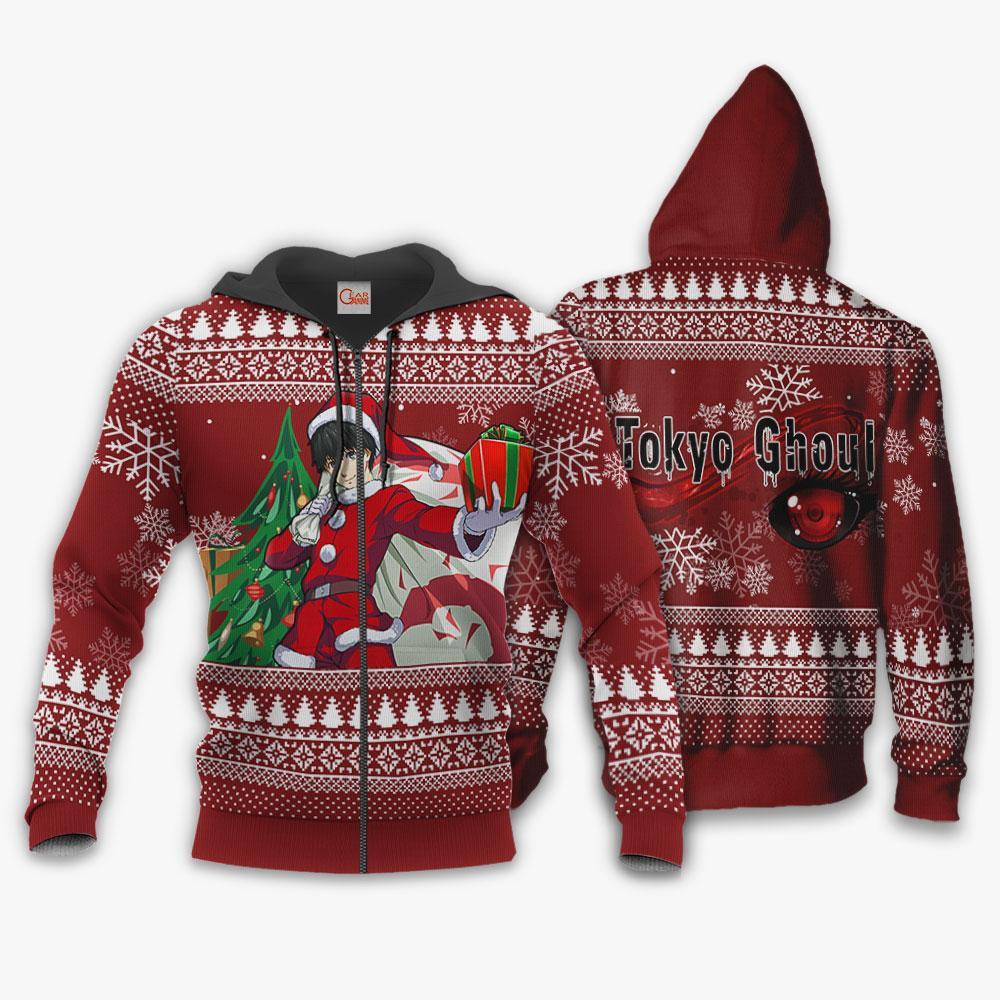 1102 AOP Tokyo Ghoul Ugly Christmas Sweater VA Kaneki 1 Zip hoodie font and back n - Tokyo Ghoul Store