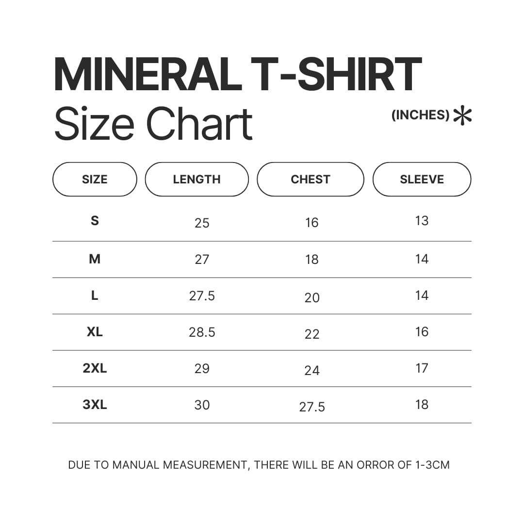 Mineral Wash T shirt Size Chart - Tokyo Ghoul Store