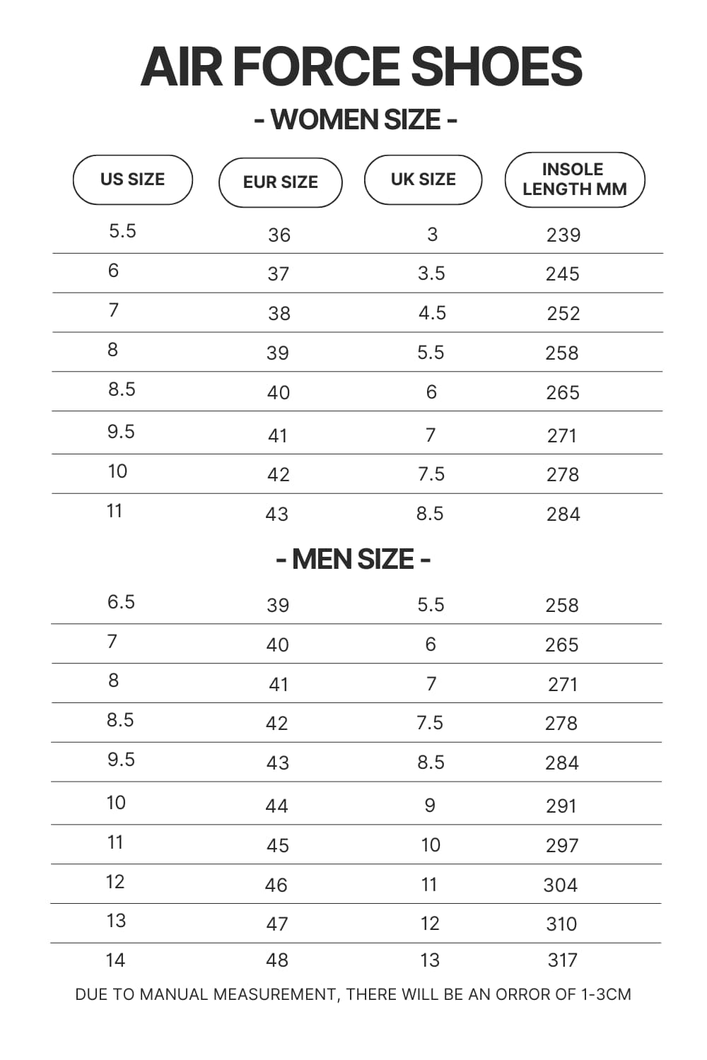 Air Force Shoes Size Chart 1 1 1 - Tokyo Ghoul Store